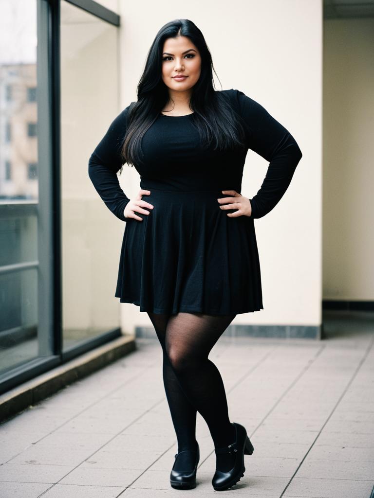 Confident Plus Size Woman in Black Dress with Long Hair
