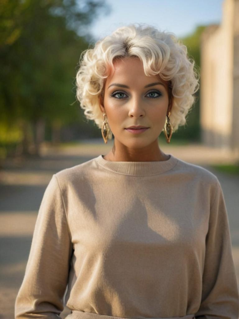 Woman with Curly Blond Hair in Beige Top Outdoors