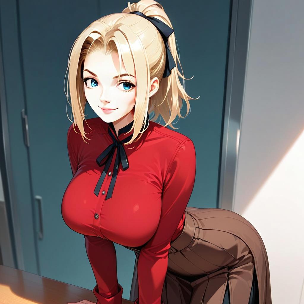 Blonde Woman in Red Blouse Anime Style Digital Illustration