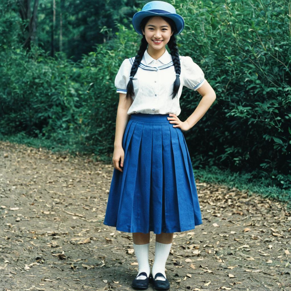 Young Woman in Sailor Collar Blouse and Blue Midi Skirt
