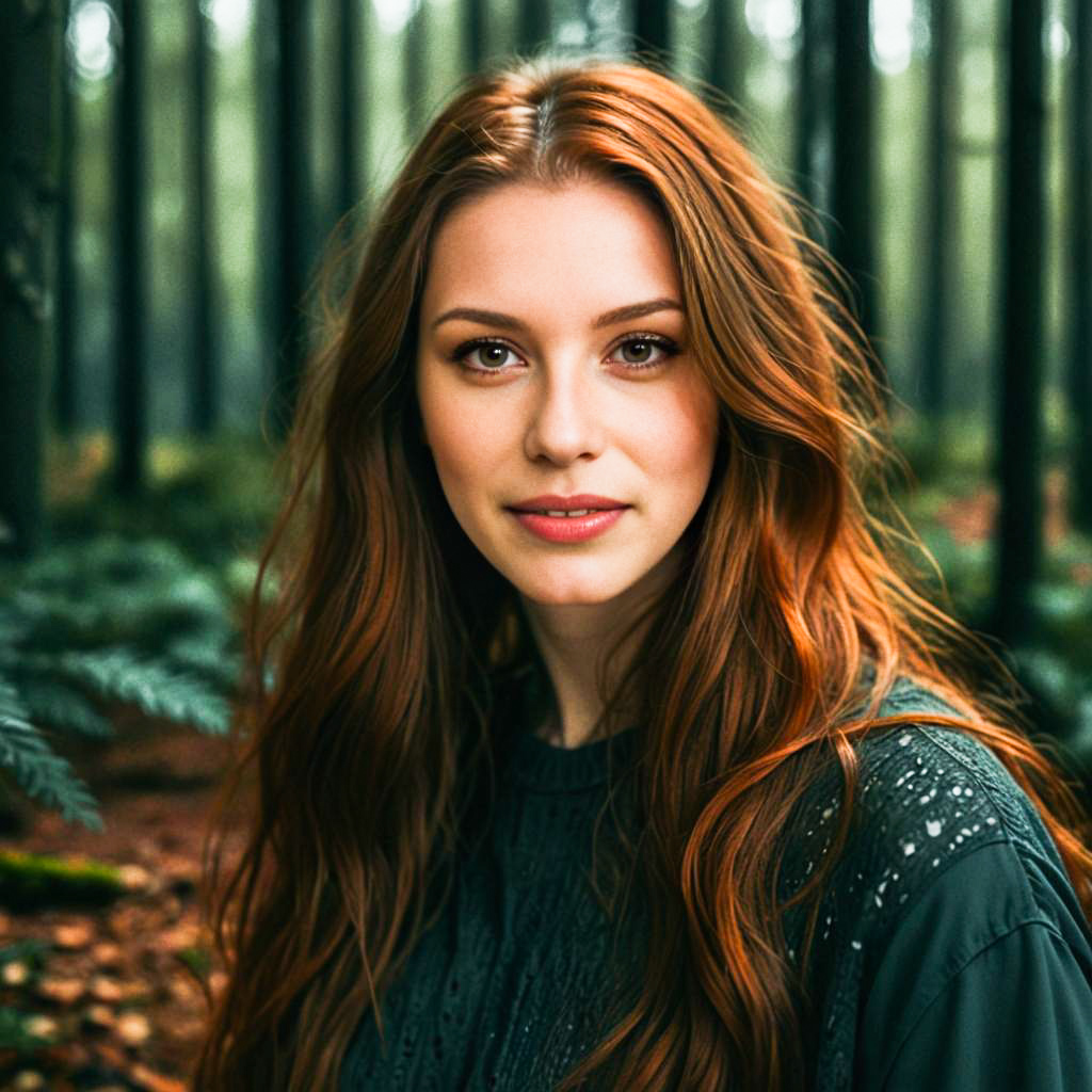 Enchanting Portrait of a Young Woman with Red Hair in a Forest