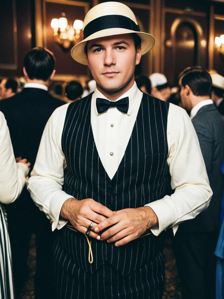 Man in Gatsby Party Costume at Cosplay Festival Photorealistic