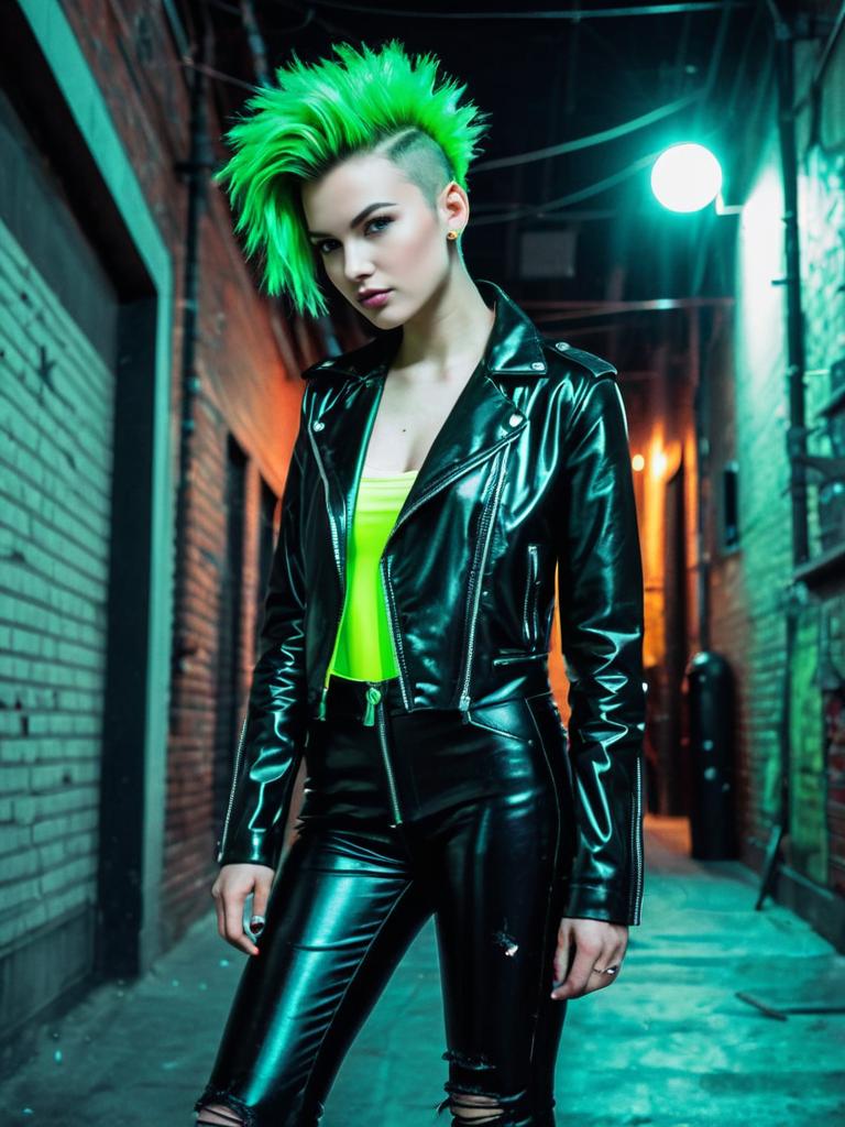 Edgy Woman with Neon Green Mohawk in Leather Outfit at Night Alley