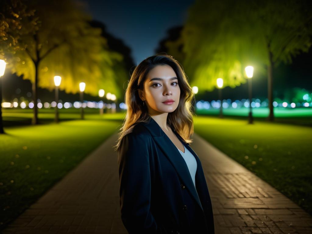 Confident Woman in Park at Night