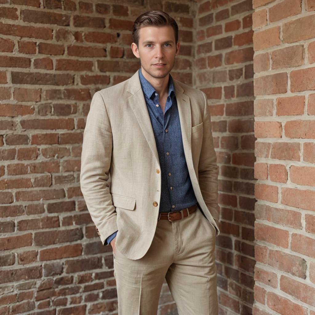 Dapper Man in Beige Suit Against Brick Wall