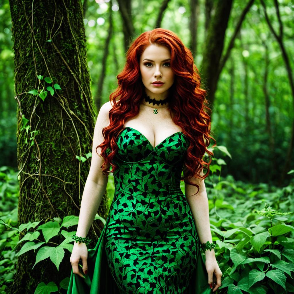 Red-Haired Woman in Green Leaf Pattern Dress in Forest