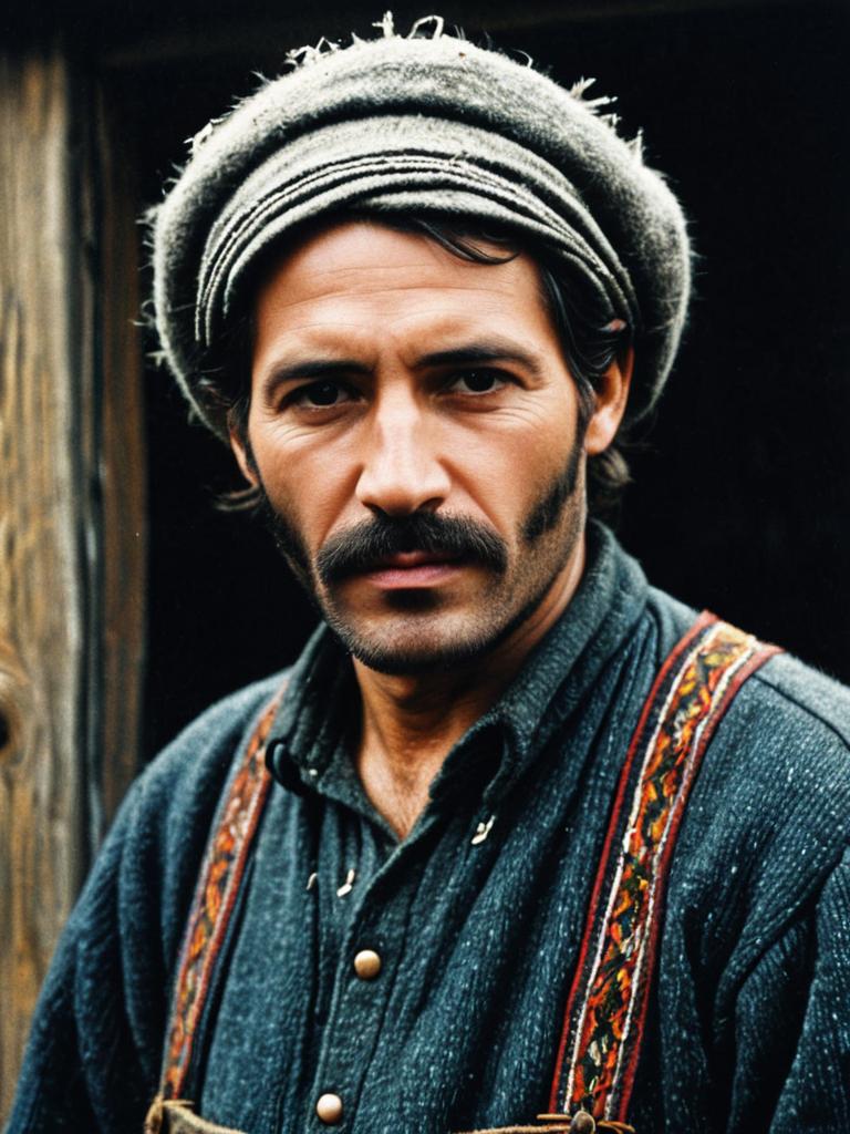 Traditional Peasant Clothing Portrait of Man with Woolen Cap and Suspenders