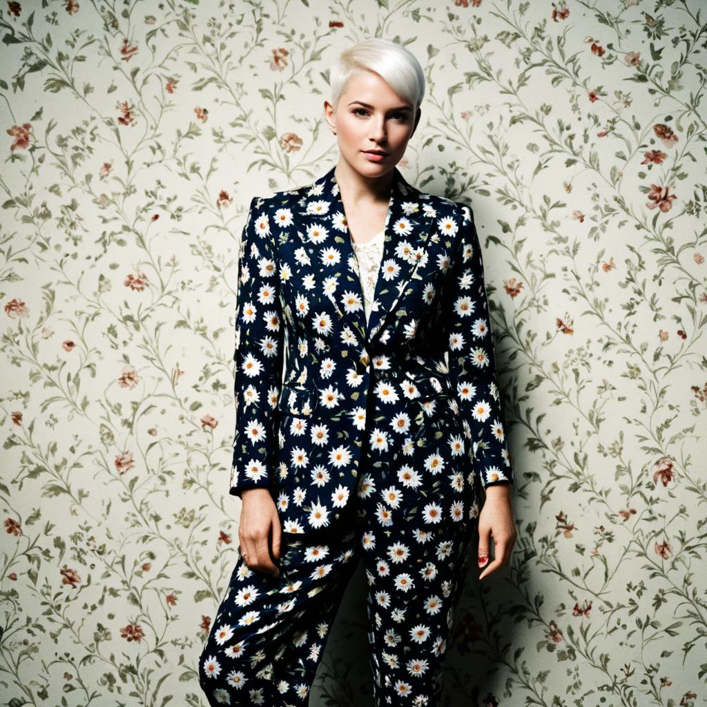 Woman Wearing Daisy Print Suit Posing Against Floral Wallpaper