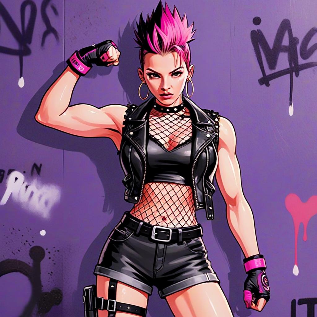 Punk Rock Woman with Pink Mohawk in Urban Graffiti Setting