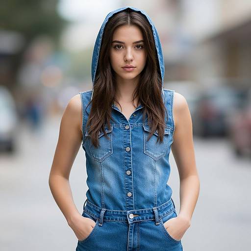Young Woman in Denim Hoodie and Jeans Urban Street Style Portrait