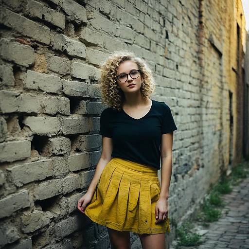 Young Woman in Yellow Skirt and Glasses Against Brick Wall in Urban Alley