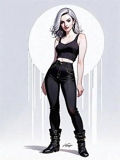 Realistic Comic Style Woman Full Body Illustration with Silver Hair and Modern Outfit