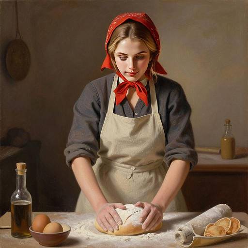 Woman Kneading Dough in Vintage Kitchen with Red Headscarf