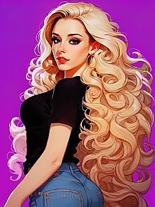 Woman with Blonde Curly Hair in Black Top and Jeans