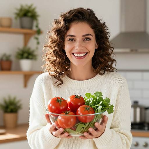 Smiling Woman Holding Bowl of Fresh Tomatoes and Greens in Modern Kitchen