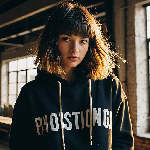 Young Woman in Black Hoodie with Bob Haircut in Sunlit Loft