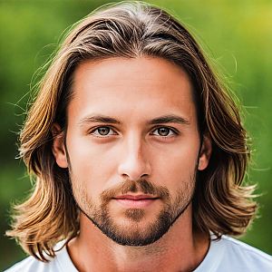 Close-up portrait of a young man with wavy hair and beard