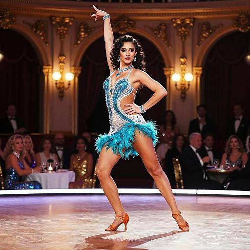 Elegant Latin Ballroom Dance Woman in Blue Feathered Dress