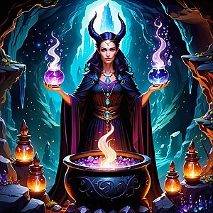 Mystical Woman in Cavern with Magical Orbs