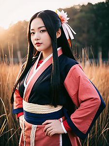 Realistic Nezuko Kamado Cosplay Woman in Traditional Demon Slayer Costume