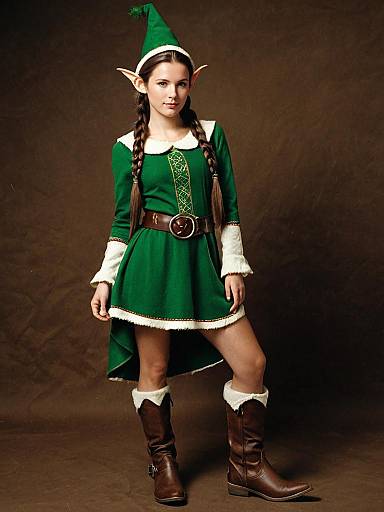 Elf Princess Costume Woman in Green Dress with Pointy Ears and Twin Braids