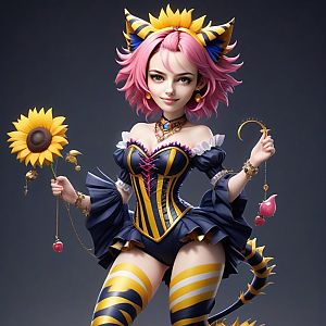 Young Woman with Pink Hair and Cat Ears Holding Sunflower
