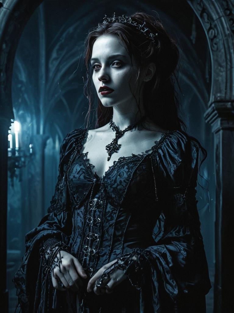 Gothic Victorian Woman in Dark Romanticism Style Dress in Ancient Corridor