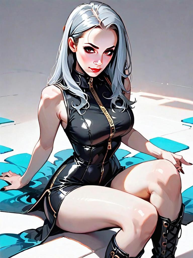 Woman in Black Stretch Bodycon Dress with Silver Hair Illustration