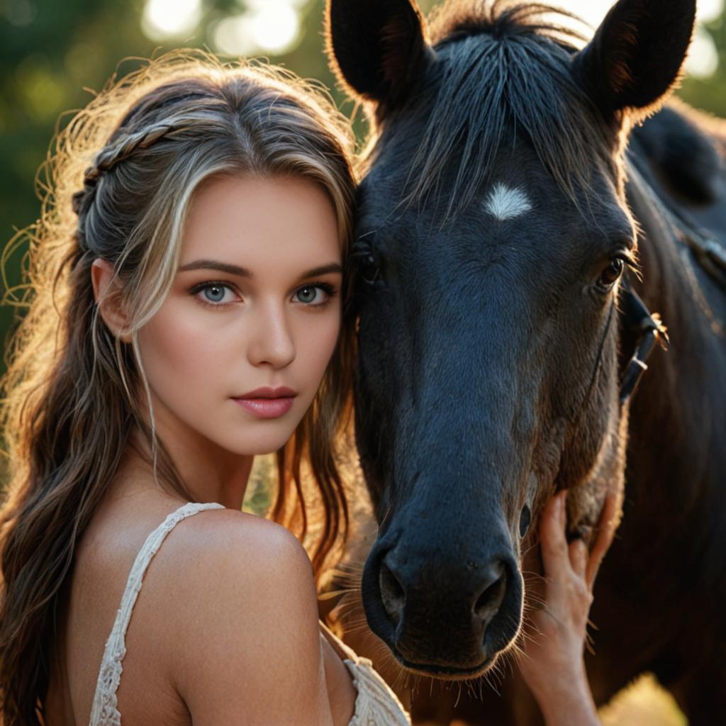 Woman with Braided Hair and Black Horse in Nature