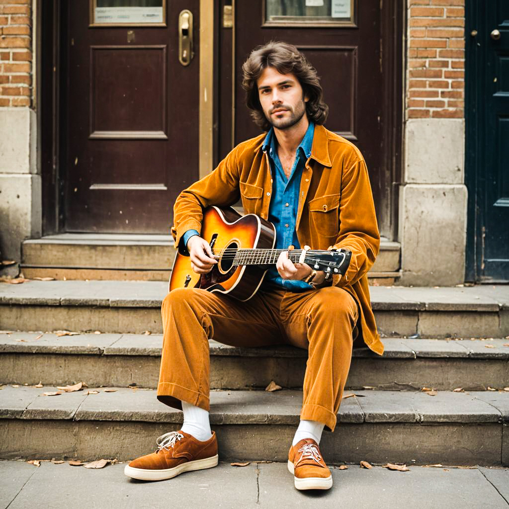 Stylish man with guitar on steps