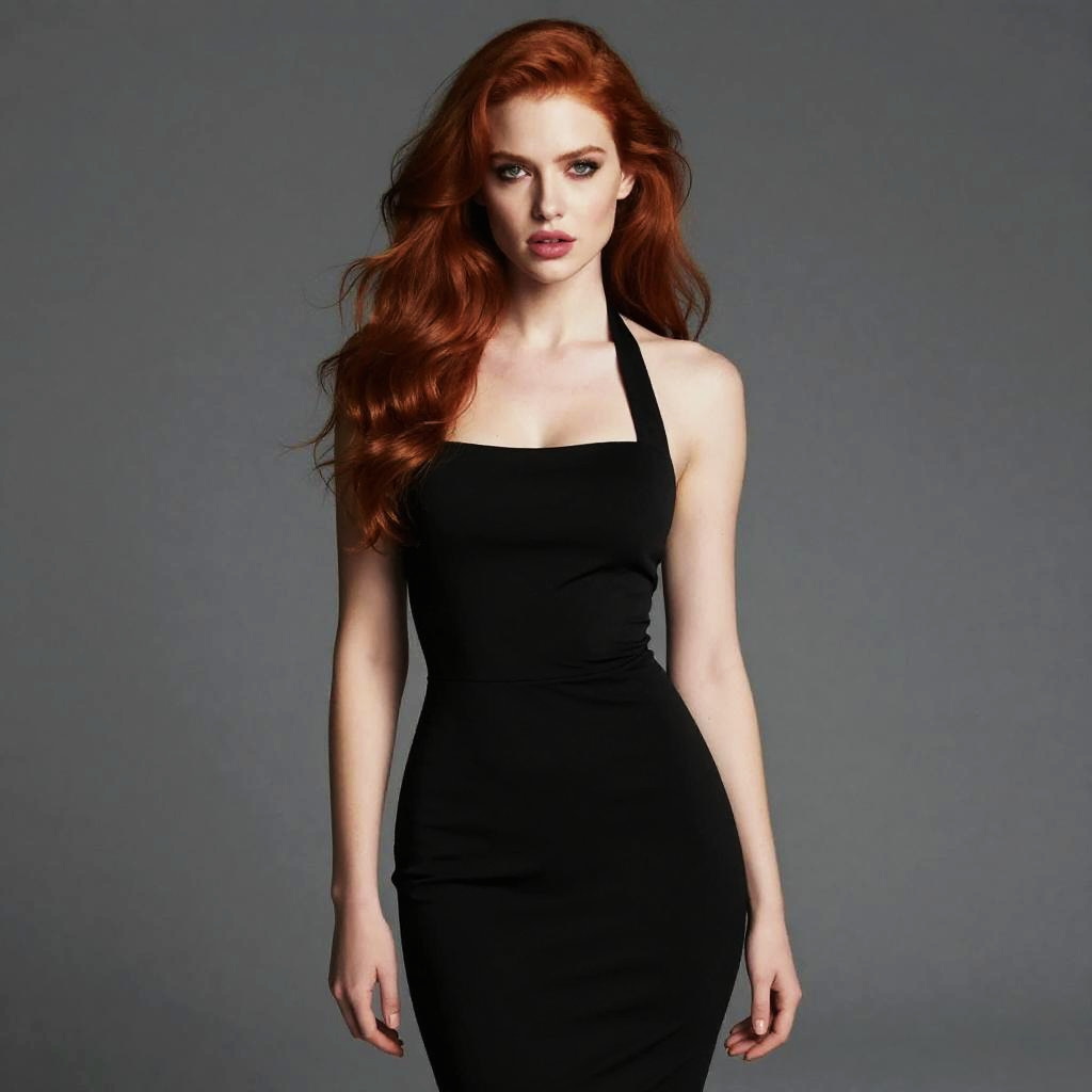 Stylish Red-Haired Woman in Elegant Black Halter Dress Studio Portrait