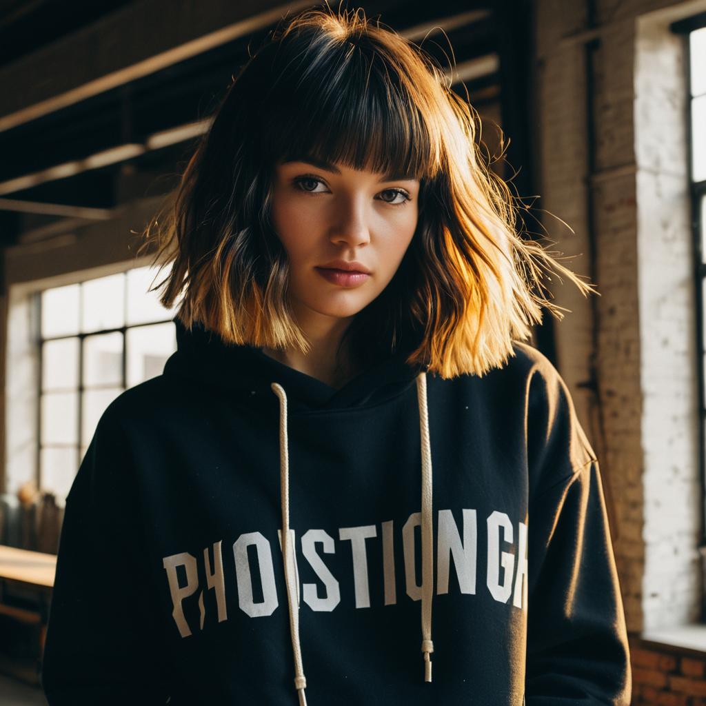 Young Woman in Black Hoodie with Bob Haircut in Sunlit Loft