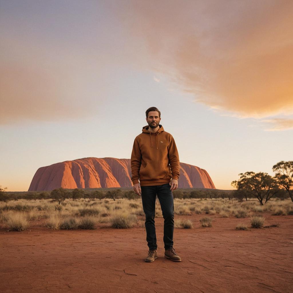 Man in front of Uluru at sunset