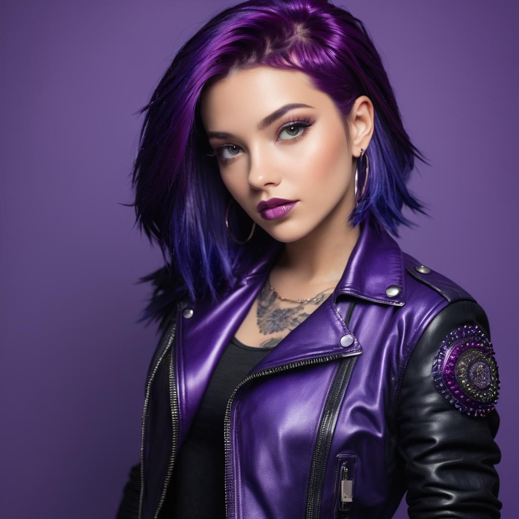 Edgy Woman with Purple Hair in Leather Jacket