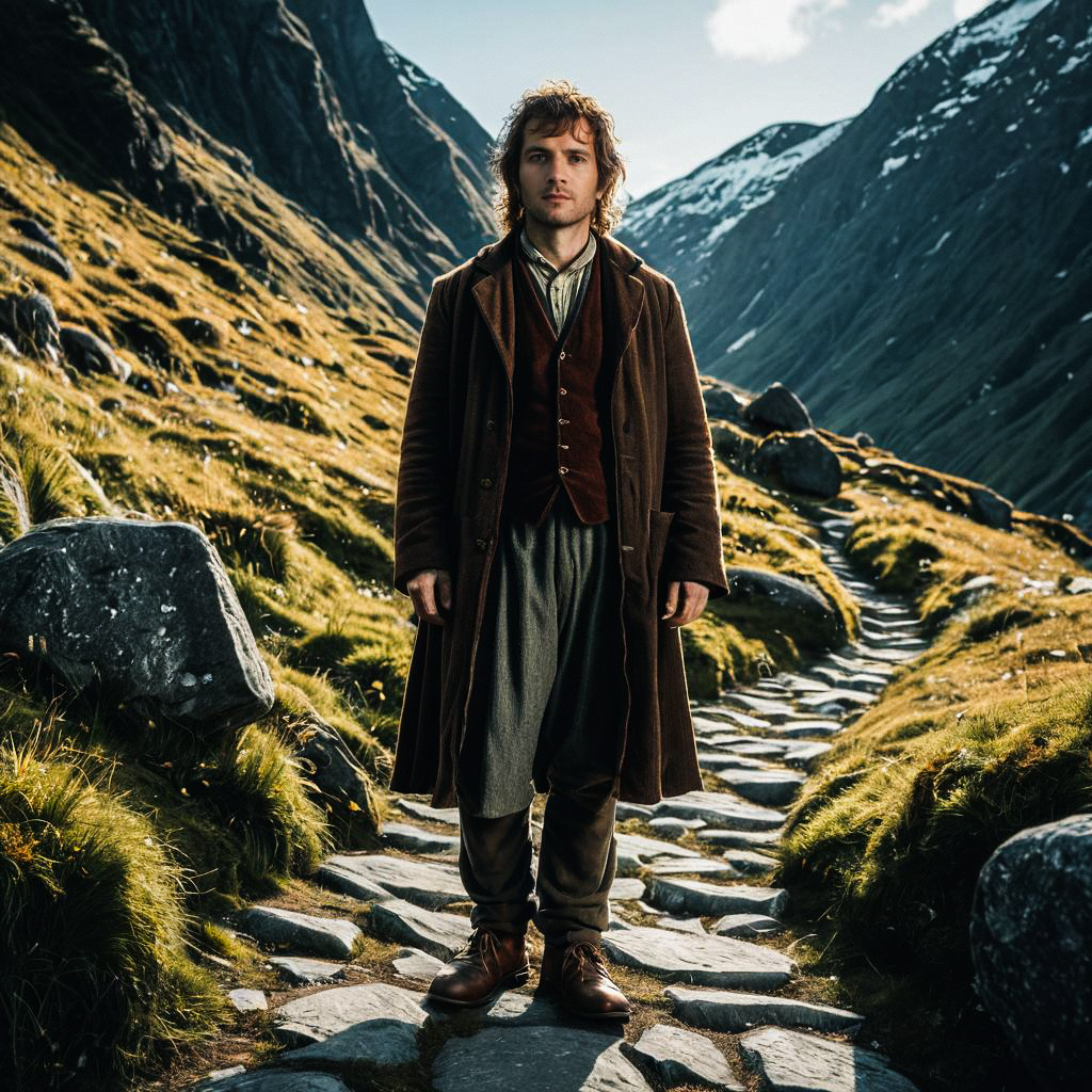 Confident Man on Mountain Path in Vintage Attire Confident Man on Mountain Path in Vintage Attire