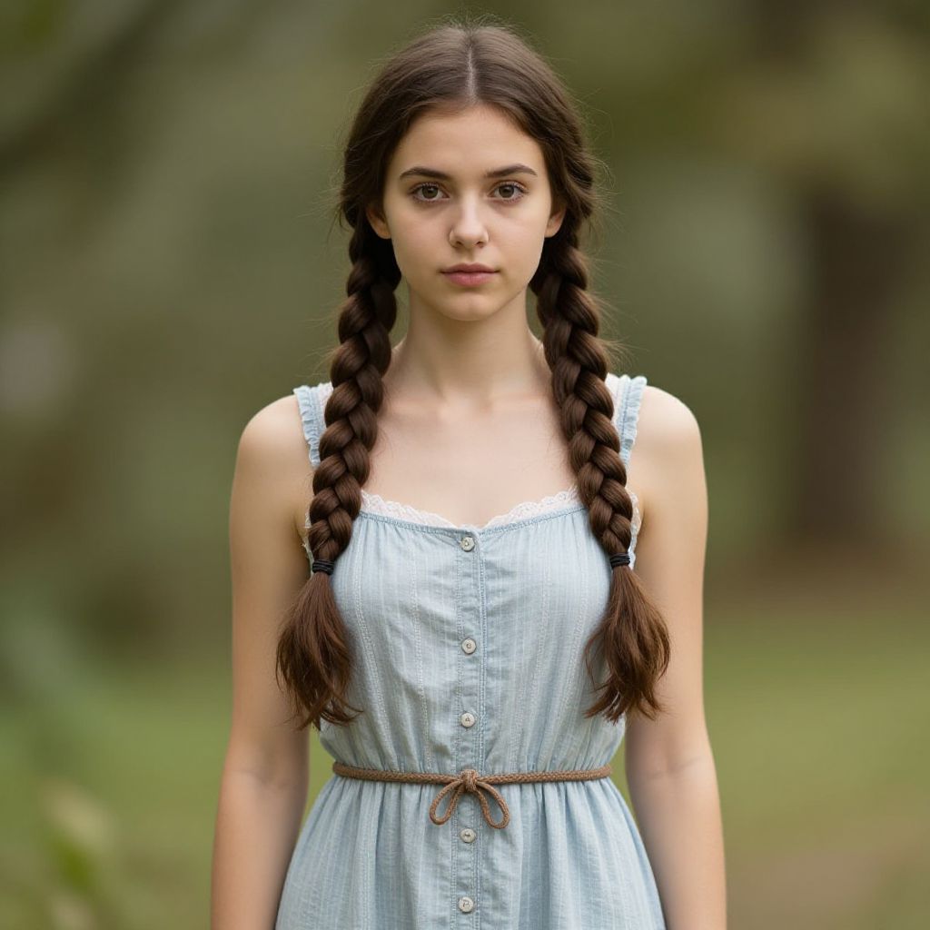 Young Woman in Light Blue Dress with Braided Hair Outdoors