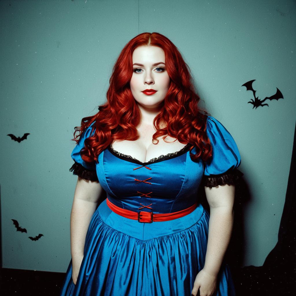 Plus Size Woman in Blue Vintage Dress with Red Hair Posing for Halloween