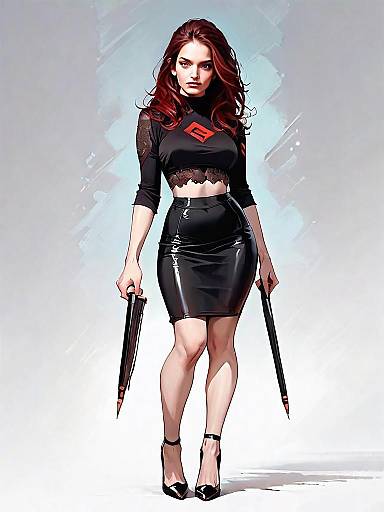 Realistic Comic Style Woman in Black Cropped Top and Pencil Skirt Full Body Illustration