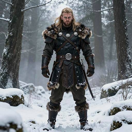 Viking Warrior in Fur and Leather Armor Standing in Snowy Forest