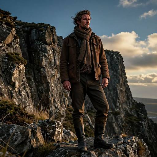 Man Standing on Rocky Cliffside with Dramatic Sky at Sunset
