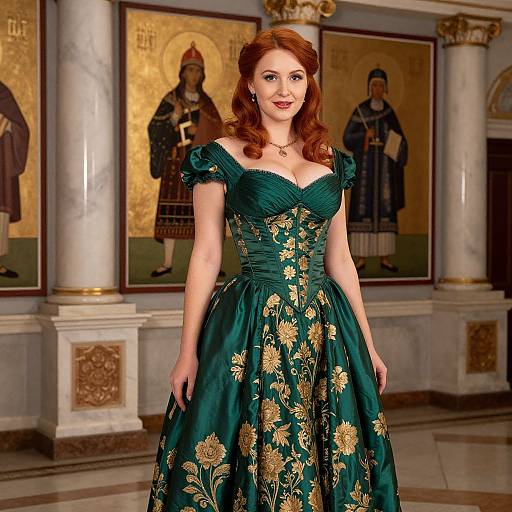Red-Haired Woman in Green Gold Victorian Dress in Grand Hall