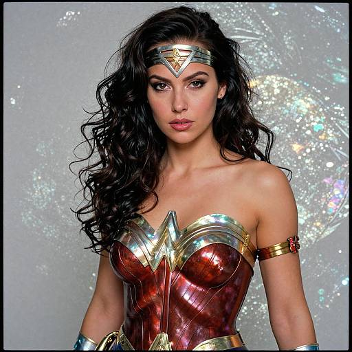 Woman in Wonder Woman Costume Against Shimmering Background