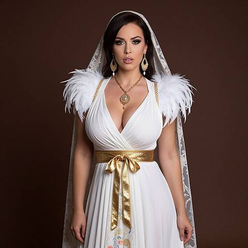Elegant Woman in White Grecian Dress with Gold Accents and Feathered Shoulders