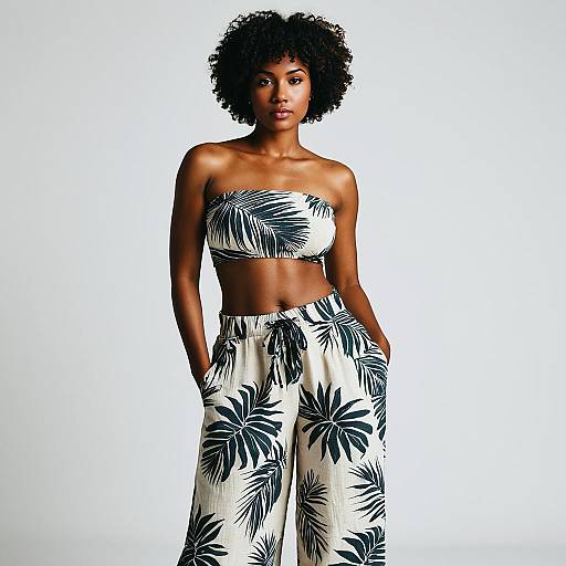 Young Woman Wearing Tropical Leaf Print Outfit in Minimalist Fashion Portrait