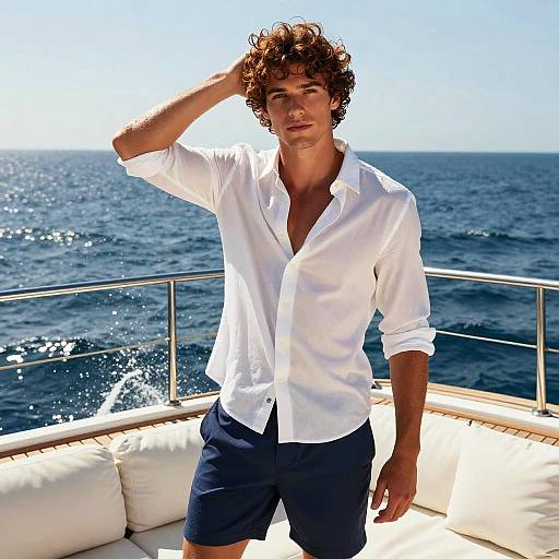 Stylish Young Man on Yacht Wearing White Shirt and Navy Shorts by the Ocean