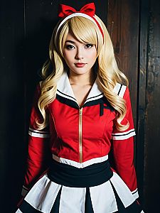 Realistic Ann Takamaki Cosplay Woman in Red and White Costume