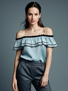 Elegant Woman in Off-Shoulder Blue Blouse and Grey Pants