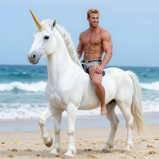 Muscular Man Riding White Unicorn on Beach