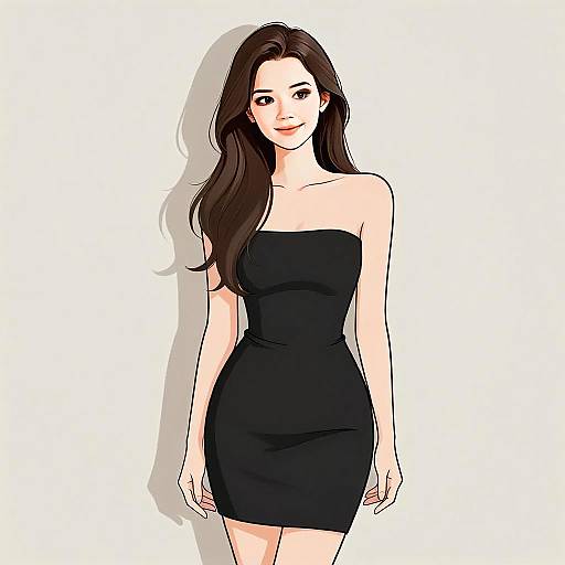 Minimalist Chic Woman with Long Hair in Black Dress Digital Illustration