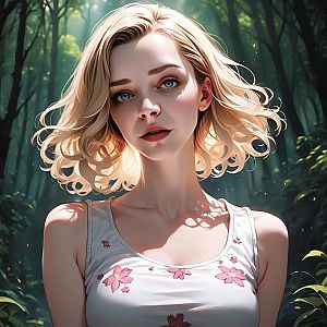 Young Woman in Floral Top in Sunlit Forest